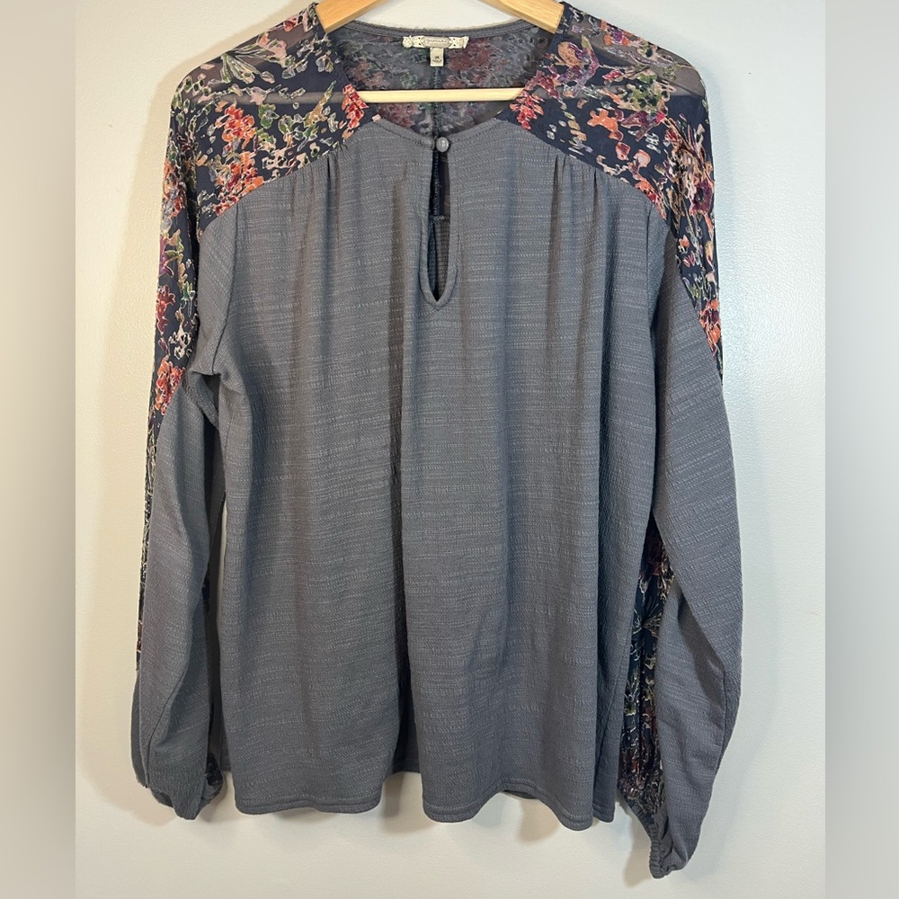 Gimmicks Gray Peasant Top Blouse Burnout Velvet Floral Long Sleeve Womens Medium